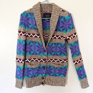 Forever 21 Fair Isle Shawl Collar Wool Cardigan Sweater Snowflake Ski Cabincore